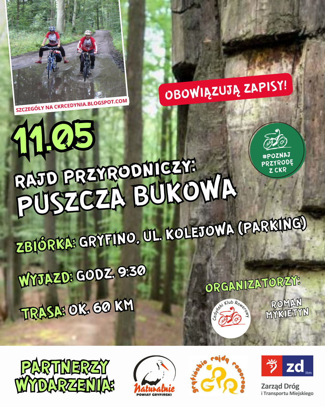 Plakat zapraszający na wycieczkę rowerową do Puszczy Bukowej