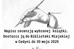 Plakat - konkurs na recenzję książki, pióro w dłoni