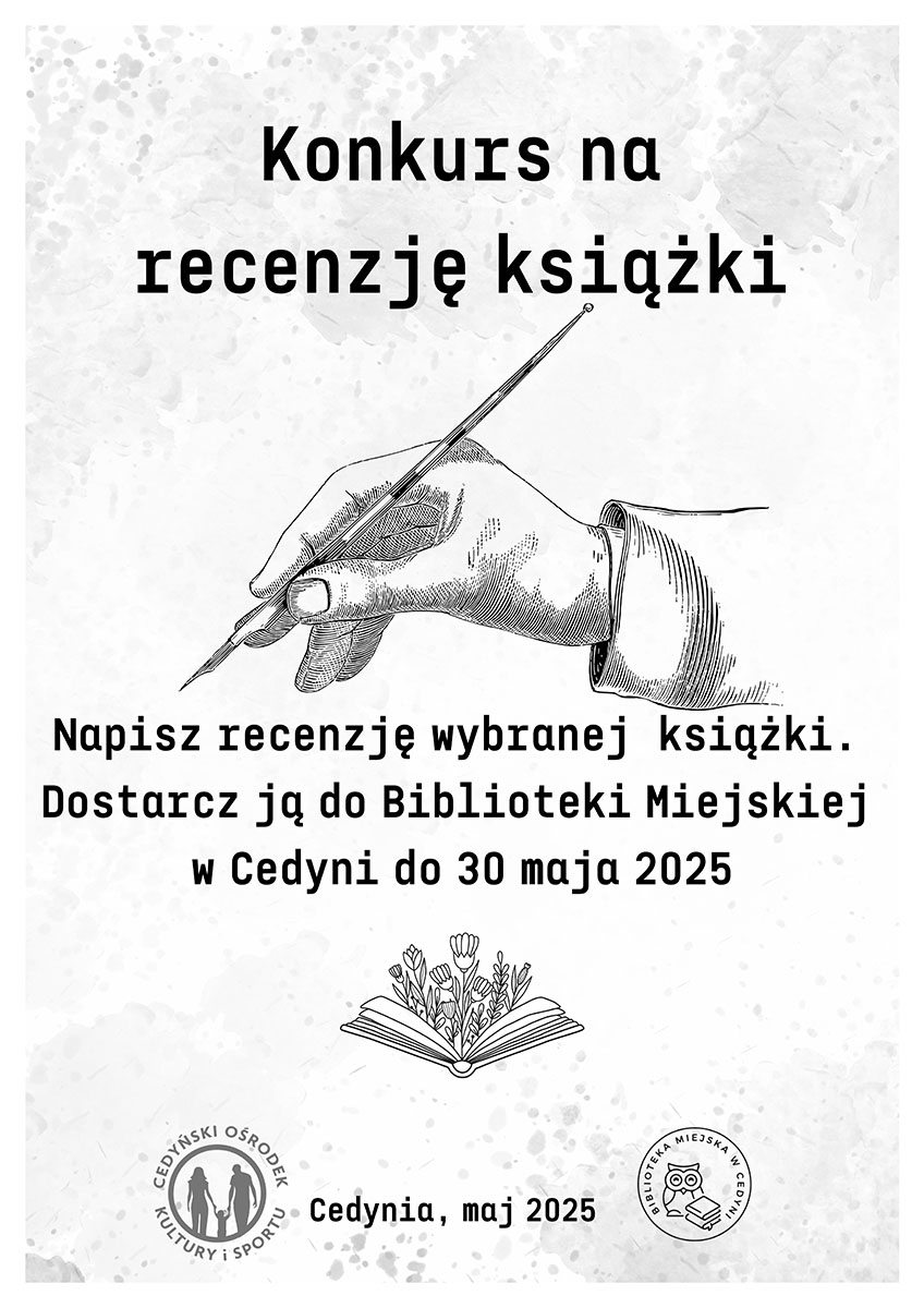 Plakat - konkurs na recenzję książki, pióro w dłoni