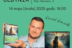 Plakat spotkani autorskie, osoba prezentuje książkę
