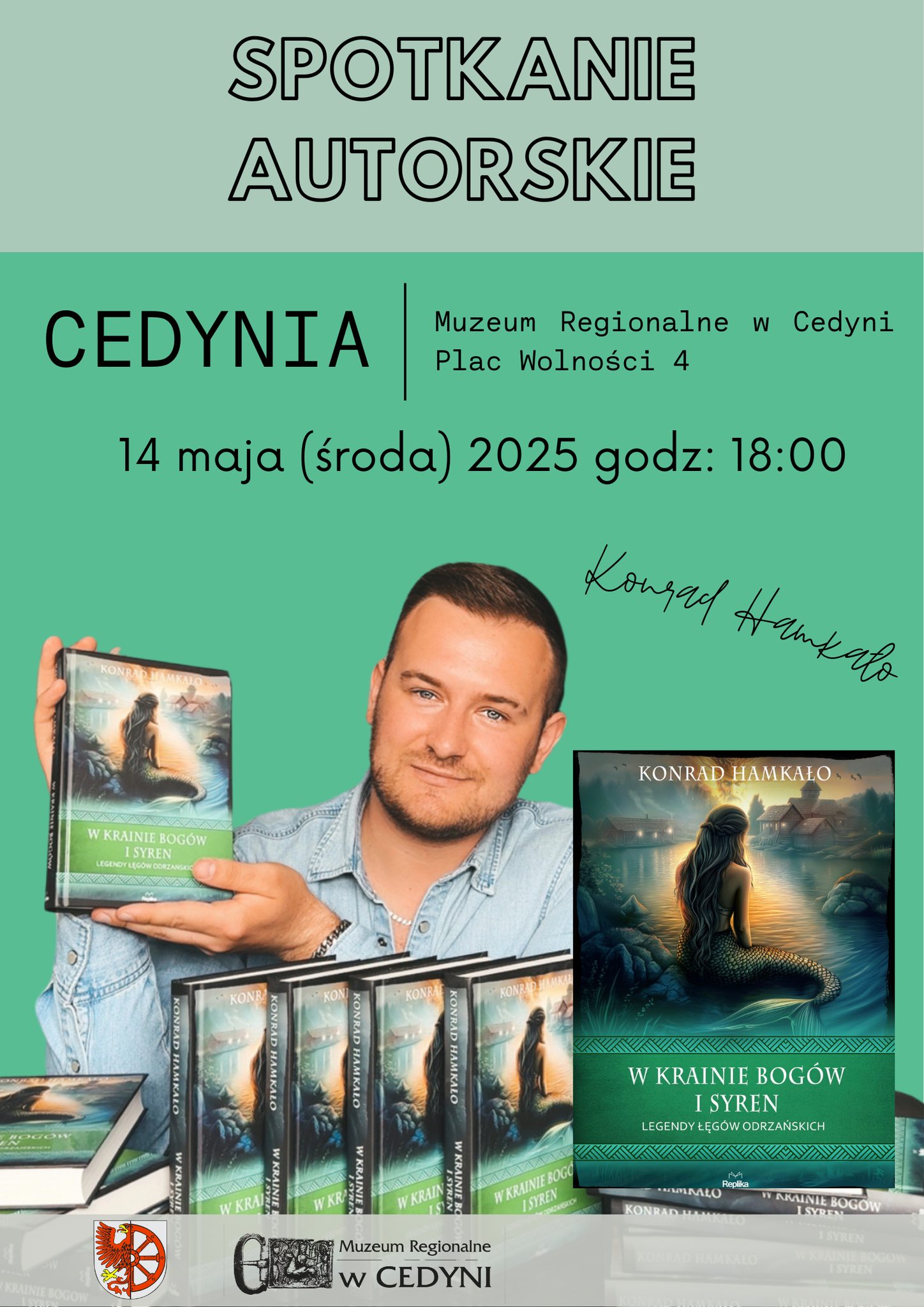 Plakat spotkani autorskie, osoba prezentuje książkę