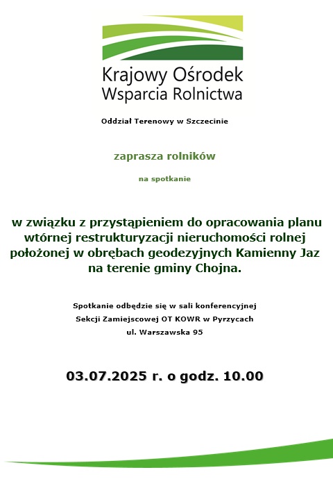 Krajowy Ośrodek Wsparcia Rolnictwa Oddział Terenowy w Szczecinie zaprasza rolników na spotkanie
