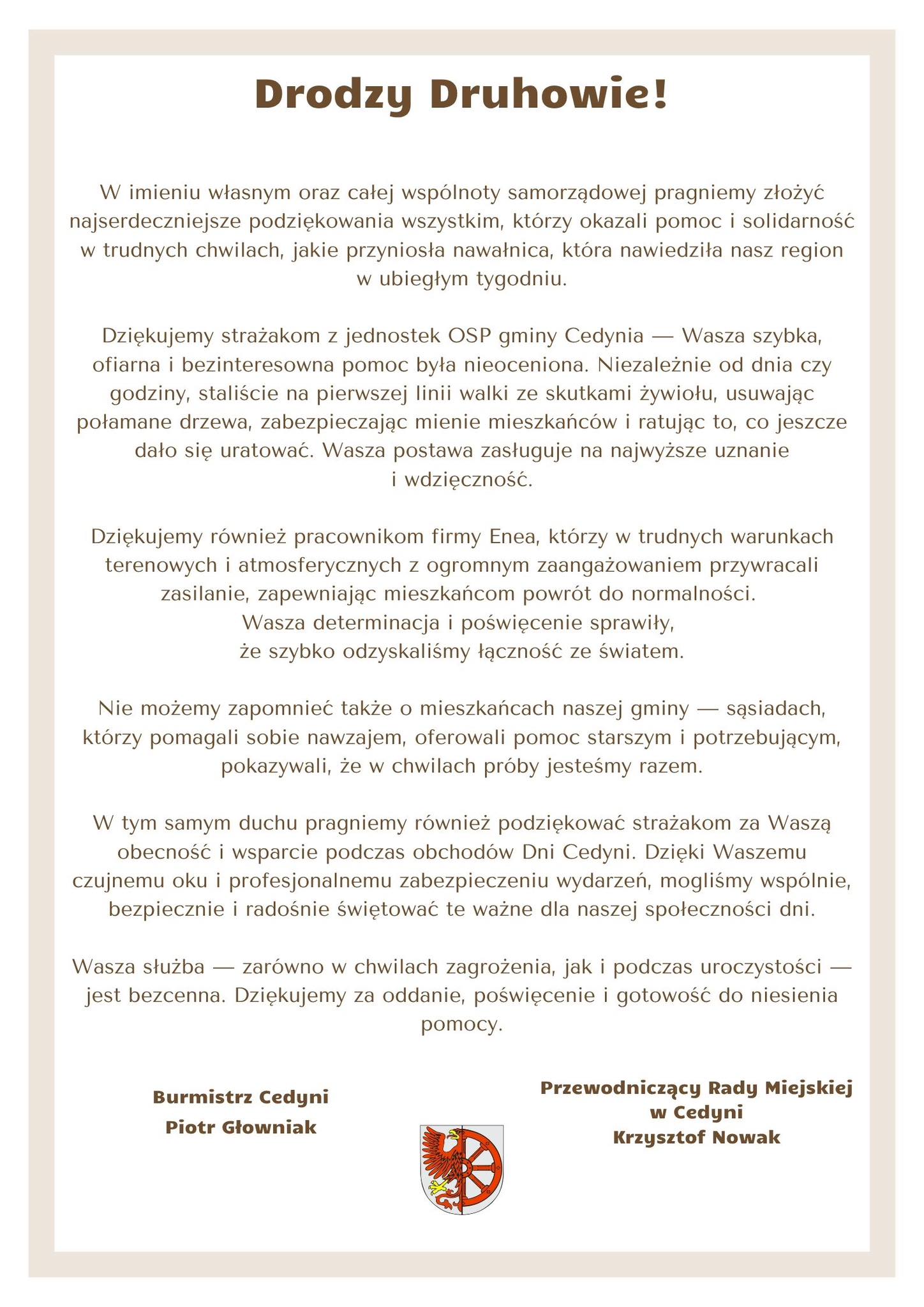 Podziękowania od Burmistrza Cedyni oraz Przewodniczącego Rady Miejskiej
